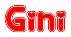 The image is a red and white graphic with the word Gini written in a decorative script. Each letter in  is contained within its own outlined bubble-like shape. Inside each letter, there is a white heart symbol.