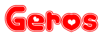 The image is a clipart featuring the word Geros written in a stylized font with a heart shape replacing inserted into the center of each letter. The color scheme of the text and hearts is red with a light outline.