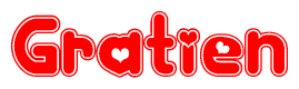 The image is a clipart featuring the word Gratien written in a stylized font with a heart shape replacing inserted into the center of each letter. The color scheme of the text and hearts is red with a light outline.