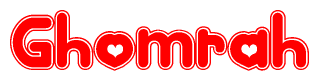 The image displays the word Ghomrah written in a stylized red font with hearts inside the letters.