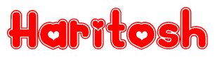 The image is a red and white graphic with the word Haritosh written in a decorative script. Each letter in  is contained within its own outlined bubble-like shape. Inside each letter, there is a white heart symbol.
