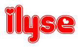 The image is a red and white graphic with the word Ilyse written in a decorative script. Each letter in  is contained within its own outlined bubble-like shape. Inside each letter, there is a white heart symbol.
