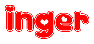 The image is a red and white graphic with the word Inger written in a decorative script. Each letter in  is contained within its own outlined bubble-like shape. Inside each letter, there is a white heart symbol.