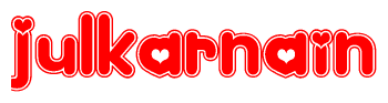 The image is a clipart featuring the word Julkarnain written in a stylized font with a heart shape replacing inserted into the center of each letter. The color scheme of the text and hearts is red with a light outline.