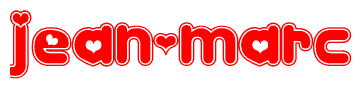 The image is a red and white graphic with the word Jean-marc written in a decorative script. Each letter in  is contained within its own outlined bubble-like shape. Inside each letter, there is a white heart symbol.