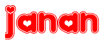 The image is a red and white graphic with the word Janan written in a decorative script. Each letter in  is contained within its own outlined bubble-like shape. Inside each letter, there is a white heart symbol.