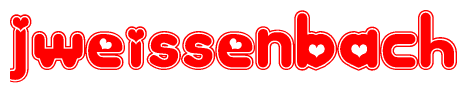 The image is a red and white graphic with the word Jweissenbach written in a decorative script. Each letter in  is contained within its own outlined bubble-like shape. Inside each letter, there is a white heart symbol.