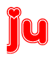 The image is a red and white graphic with the word Ju written in a decorative script. Each letter in  is contained within its own outlined bubble-like shape. Inside each letter, there is a white heart symbol.