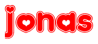 The image is a red and white graphic with the word Jonas written in a decorative script. Each letter in  is contained within its own outlined bubble-like shape. Inside each letter, there is a white heart symbol.