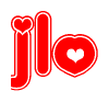 The image is a red and white graphic with the word Jlo written in a decorative script. Each letter in  is contained within its own outlined bubble-like shape. Inside each letter, there is a white heart symbol.