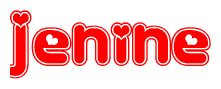 The image is a red and white graphic with the word Jenine written in a decorative script. Each letter in  is contained within its own outlined bubble-like shape. Inside each letter, there is a white heart symbol.