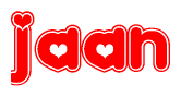 The image is a red and white graphic with the word Jaan written in a decorative script. Each letter in  is contained within its own outlined bubble-like shape. Inside each letter, there is a white heart symbol.
