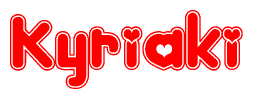 The image is a clipart featuring the word Kyriaki written in a stylized font with a heart shape replacing inserted into the center of each letter. The color scheme of the text and hearts is red with a light outline.