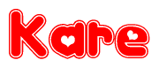 The image is a red and white graphic with the word Kare written in a decorative script. Each letter in  is contained within its own outlined bubble-like shape. Inside each letter, there is a white heart symbol.