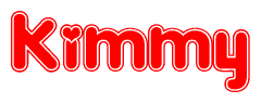 The image is a red and white graphic with the word Kimmy written in a decorative script. Each letter in  is contained within its own outlined bubble-like shape. Inside each letter, there is a white heart symbol.