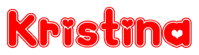 The image is a red and white graphic with the word Kristina written in a decorative script. Each letter in  is contained within its own outlined bubble-like shape. Inside each letter, there is a white heart symbol.