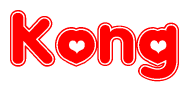 The image is a red and white graphic with the word Kong written in a decorative script. Each letter in  is contained within its own outlined bubble-like shape. Inside each letter, there is a white heart symbol.