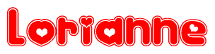 The image is a red and white graphic with the word Lorianne written in a decorative script. Each letter in  is contained within its own outlined bubble-like shape. Inside each letter, there is a white heart symbol.