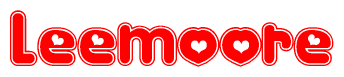 The image is a red and white graphic with the word Leemoore written in a decorative script. Each letter in  is contained within its own outlined bubble-like shape. Inside each letter, there is a white heart symbol.