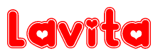 The image is a clipart featuring the word Lavita written in a stylized font with a heart shape replacing inserted into the center of each letter. The color scheme of the text and hearts is red with a light outline.