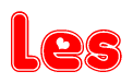 The image is a red and white graphic with the word Les written in a decorative script. Each letter in  is contained within its own outlined bubble-like shape. Inside each letter, there is a white heart symbol.