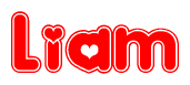 The image is a red and white graphic with the word Liam written in a decorative script. Each letter in  is contained within its own outlined bubble-like shape. Inside each letter, there is a white heart symbol.
