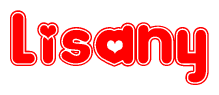 The image is a red and white graphic with the word Lisany written in a decorative script. Each letter in  is contained within its own outlined bubble-like shape. Inside each letter, there is a white heart symbol.