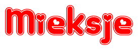 The image is a clipart featuring the word Mieksje written in a stylized font with a heart shape replacing inserted into the center of each letter. The color scheme of the text and hearts is red with a light outline.