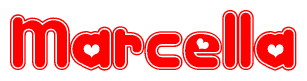 The image is a red and white graphic with the word Marcella written in a decorative script. Each letter in  is contained within its own outlined bubble-like shape. Inside each letter, there is a white heart symbol.