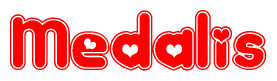 The image is a clipart featuring the word Medalis written in a stylized font with a heart shape replacing inserted into the center of each letter. The color scheme of the text and hearts is red with a light outline.
