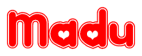 The image is a red and white graphic with the word Madu written in a decorative script. Each letter in  is contained within its own outlined bubble-like shape. Inside each letter, there is a white heart symbol.