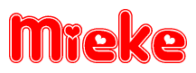The image is a clipart featuring the word Mieke written in a stylized font with a heart shape replacing inserted into the center of each letter. The color scheme of the text and hearts is red with a light outline.