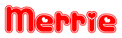 The image displays the word Merrie written in a stylized red font with hearts inside the letters.