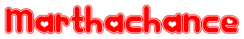 The image is a red and white graphic with the word Marthachance written in a decorative script. Each letter in  is contained within its own outlined bubble-like shape. Inside each letter, there is a white heart symbol.