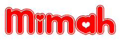 The image is a red and white graphic with the word Mimah written in a decorative script. Each letter in  is contained within its own outlined bubble-like shape. Inside each letter, there is a white heart symbol.