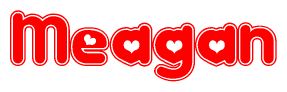The image is a red and white graphic with the word Meagan written in a decorative script. Each letter in  is contained within its own outlined bubble-like shape. Inside each letter, there is a white heart symbol.