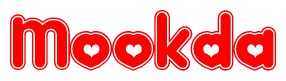 The image is a red and white graphic with the word Mookda written in a decorative script. Each letter in  is contained within its own outlined bubble-like shape. Inside each letter, there is a white heart symbol.