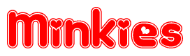 The image is a red and white graphic with the word Minkies written in a decorative script. Each letter in  is contained within its own outlined bubble-like shape. Inside each letter, there is a white heart symbol.