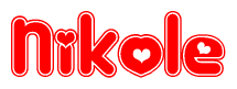 The image is a red and white graphic with the word Nikole written in a decorative script. Each letter in  is contained within its own outlined bubble-like shape. Inside each letter, there is a white heart symbol.