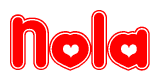 The image displays the word Nola written in a stylized red font with hearts inside the letters.