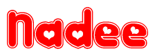 The image is a red and white graphic with the word Nadee written in a decorative script. Each letter in  is contained within its own outlined bubble-like shape. Inside each letter, there is a white heart symbol.