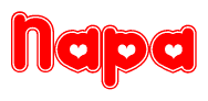 The image is a red and white graphic with the word Napa written in a decorative script. Each letter in  is contained within its own outlined bubble-like shape. Inside each letter, there is a white heart symbol.