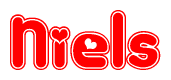The image is a red and white graphic with the word Niels written in a decorative script. Each letter in  is contained within its own outlined bubble-like shape. Inside each letter, there is a white heart symbol.