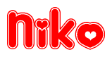 The image is a clipart featuring the word Niko written in a stylized font with a heart shape replacing inserted into the center of each letter. The color scheme of the text and hearts is red with a light outline.
