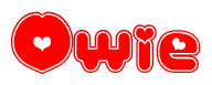 The image is a clipart featuring the word Owie written in a stylized font with a heart shape replacing inserted into the center of each letter. The color scheme of the text and hearts is red with a light outline.