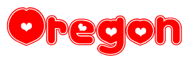 The image is a clipart featuring the word Oregon written in a stylized font with a heart shape replacing inserted into the center of each letter. The color scheme of the text and hearts is red with a light outline.