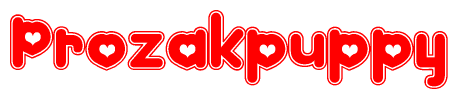 The image is a red and white graphic with the word Prozakpuppy written in a decorative script. Each letter in  is contained within its own outlined bubble-like shape. Inside each letter, there is a white heart symbol.