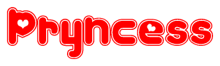 The image is a red and white graphic with the word Pryncess written in a decorative script. Each letter in  is contained within its own outlined bubble-like shape. Inside each letter, there is a white heart symbol.