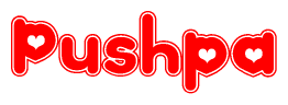 The image is a clipart featuring the word Pushpa written in a stylized font with a heart shape replacing inserted into the center of each letter. The color scheme of the text and hearts is red with a light outline.