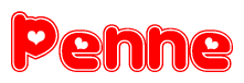 The image is a clipart featuring the word Penne written in a stylized font with a heart shape replacing inserted into the center of each letter. The color scheme of the text and hearts is red with a light outline.